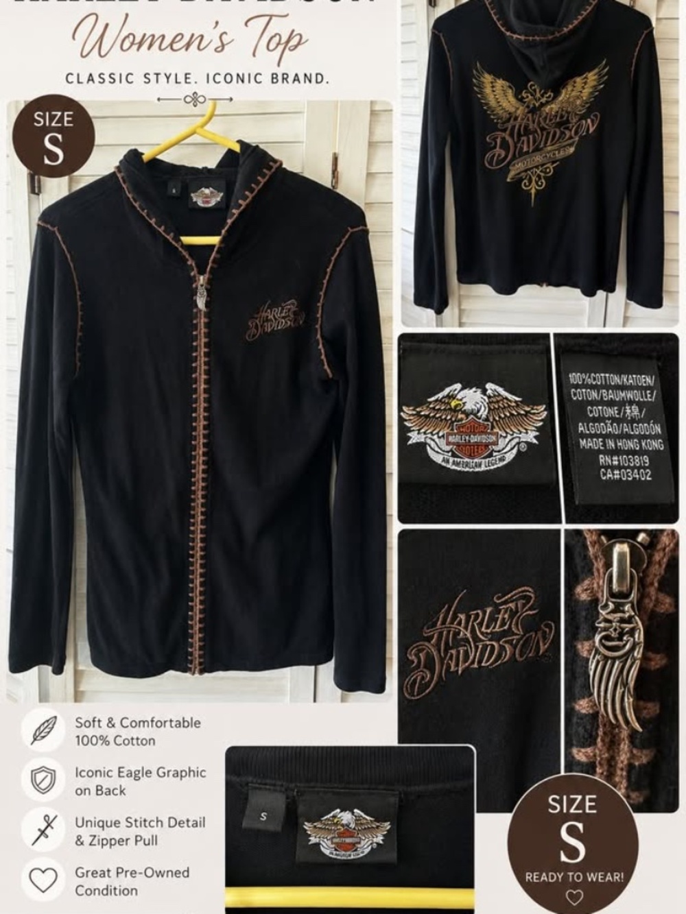 Harley-Davidson Women’s Black Zip-Up Hoodie – Size S – 100% Cotton – Wing Graphi